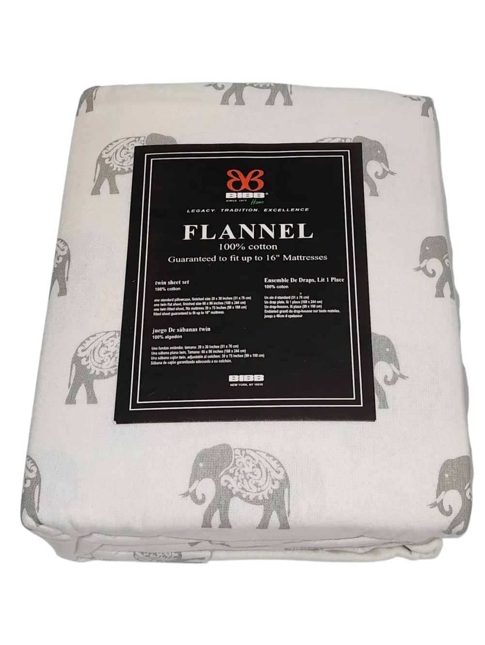 BIBB Home Twin Size Ivory Cotton Flannel Sheet Set‎ of 3pc With Gray Elephants